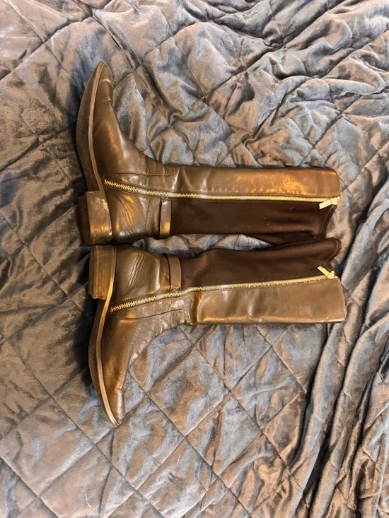 MICHAEL Michael Kors Black Leather Over-the-Knee Boots with Gold Logo Accent - Picture 3 of 6